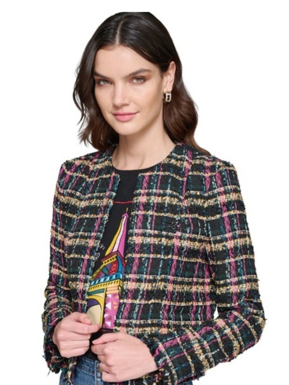 NWT Karl Lagerfeld Black & Colorful Tweed Open-Front Blazer size 14